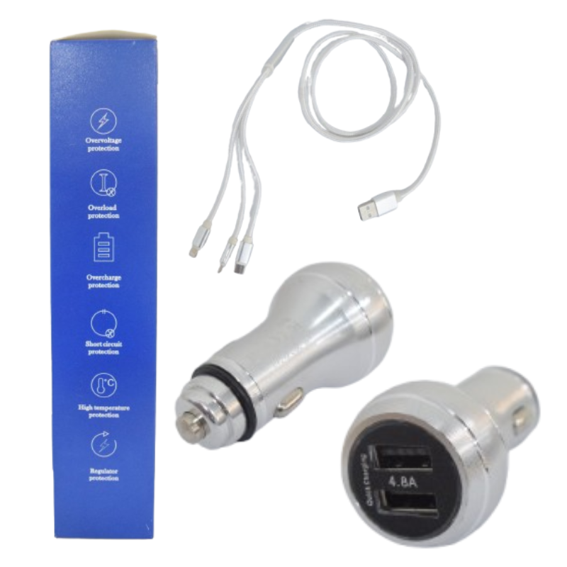 Metal Car Charger with Dual USB Port 24W + 3-in-1 USB Cable - Quick Charging