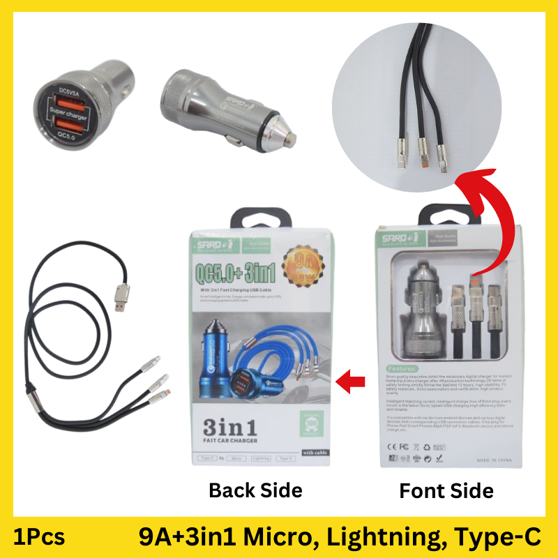 Metal Car Charger with Dual USB Port 24W + 3-in-1 USB Cable - Quick Charging