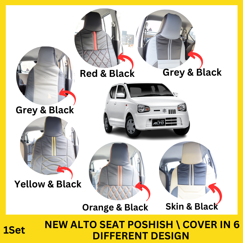 Suzuki New Alto seat poshish covers in various stylish designs fitted on car seats, showcasing protective and aesthetic features.