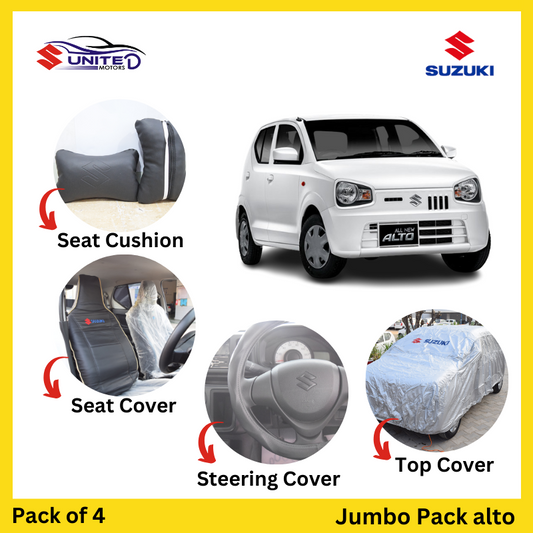  Pak Suzuki Alto Jumbo Pack - Complete Interior Protection Kit for Alto - Seat cushion, top cover, steering cover, and seat cover included.