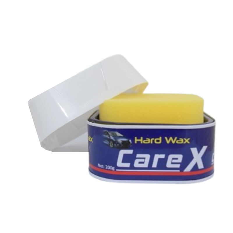 CareX Hard Wax 200g container next to a glossy car surface showcasing a reflective, high-shine finish.