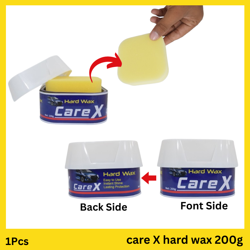 CareX Hard Wax 200g container next to a glossy car surface showcasing a reflective, high-shine finish.