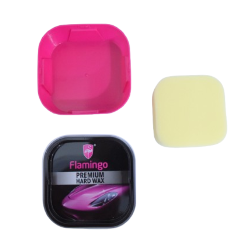 Flamingo Premium Hard Wax F087 - 200g container with car polish hard wax displayed on a clean, shiny car surface.

