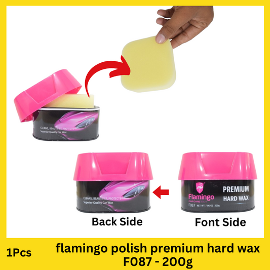 Flamingo Premium Hard Wax F087 - 200g container with car polish hard wax displayed on a clean, shiny car surface.

