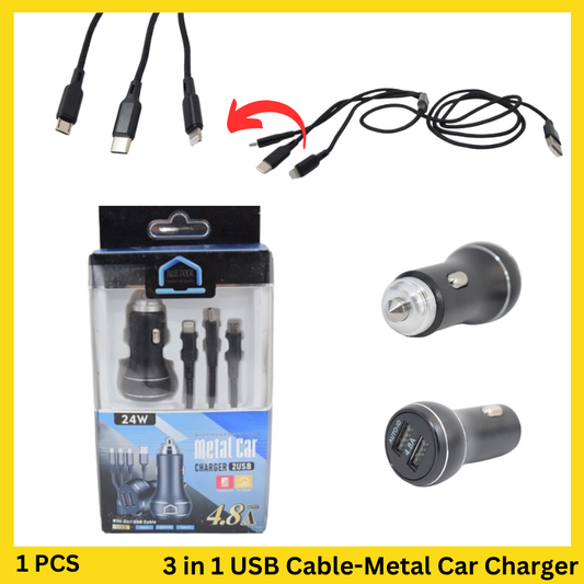 Metal Car Charger with Dual USB Port 24W, 3-in-1 USB Cable, quick charging for smartphones, tablets, and other USB-powered devices in the car.