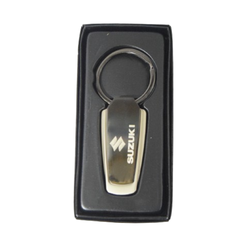 Suzuki genuine key chain with a metallic rectangle design featuring the Suzuki logo.