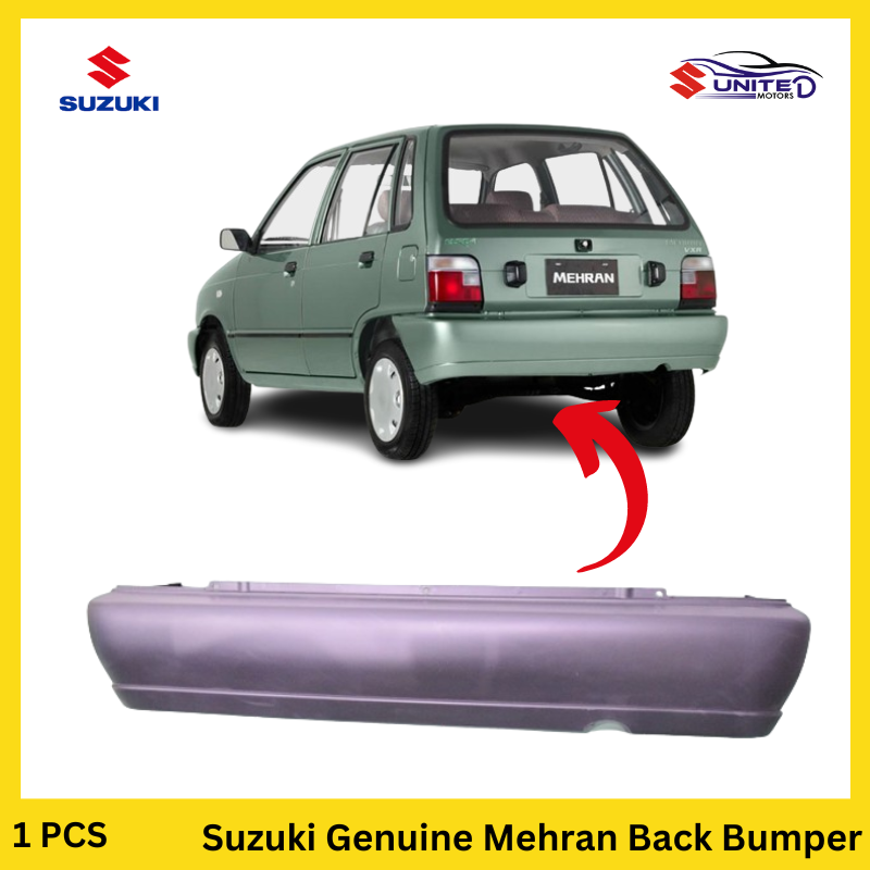 Genuine Suzuki Mehran back bumper in black, designed to protect the vehicle from damage during low-speed collisions, enhancing safety and preserving the car's aesthetic.