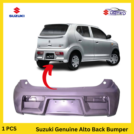 Genuine Suzuki New Alto back bumper in black, designed to absorb impact and protect the rear of the vehicle in low-speed collisions, enhancing safety and aesthetics.